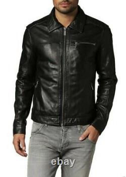 Men's Genuine Lambskin Leather Jacket Black Slim fit Biker Motorcycle Jacket-109