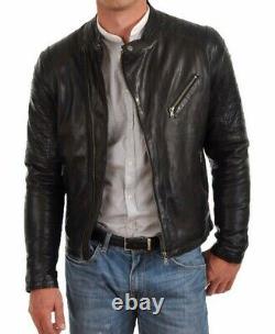Men's Genuine Lambskin Leather Jacket Black Slim fit Biker Motorcycle Jacket-114