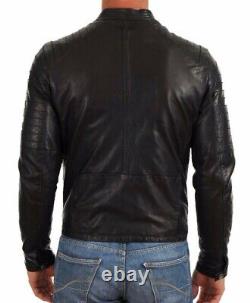 Men's Genuine Lambskin Leather Jacket Black Slim fit Biker Motorcycle Jacket-114