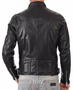 Men's Genuine Lambskin Leather Jacket Black Slim fit Biker Motorcycle Jacket-119