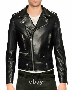 Men's Genuine Lambskin Leather Motorcycle Jacket Slim Fit Biker Jacket