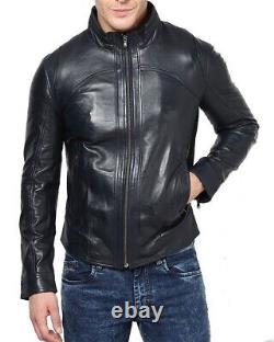 Men's Genuine Lambskin Leather Motorcycle Jacket Slim Fit Biker Jacket US052