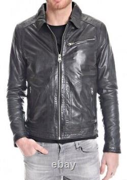 Men's Genuine Lambskin Leather Motorcycle Jacket Slim Fit Biker Jacket US110