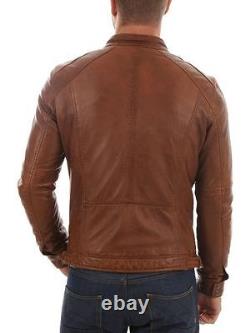Men's Genuine Lambskin Leather TAN Brown Slim Fit Biker Motorcycle Jacket