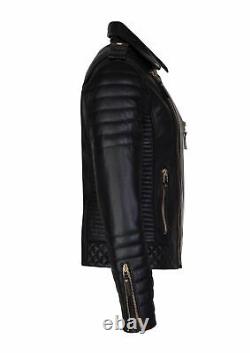 Men's Genuine Lambskin Quilted Leather Jacket Black Motorcycle Slim fit Biker