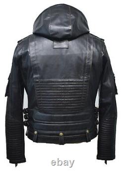 Men's Genuine Premium Leather Motorcycle Biker Top Leder Jacket Black With Hood