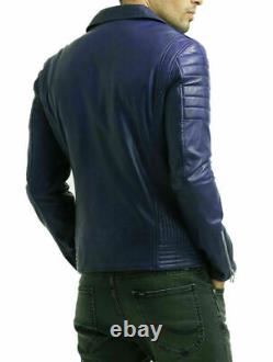 Men's Genuine Soft Lambskin Leather Jacket Blue Handmade Motorcycle Biker Jacket