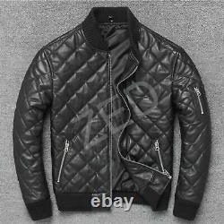 Men's Genuine lambskin quiltted Leather bomber Top Fit Leather Jacket Black