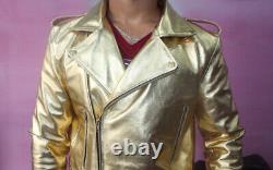 Men's Golden MOTOR BIKER Genuine SHEEP GOLD Leather Jacket Lambskin Slim Fit