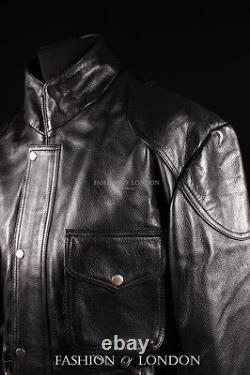 Men's'HUNTER MOTORCYCLE' Black Cowhide Leather Safari Biker Motorbike Jacket
