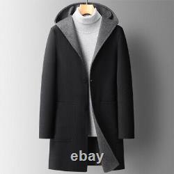 Men's Hooded Mid-Length Button Casual Thickened Overcoat Reversible Wool Coat