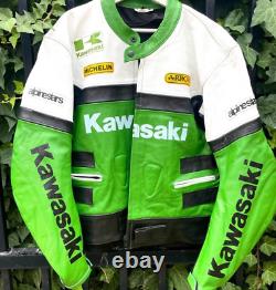 Men's Kawasaki Racing Green- White & Black Motorbike Cowhide Leather Jacket