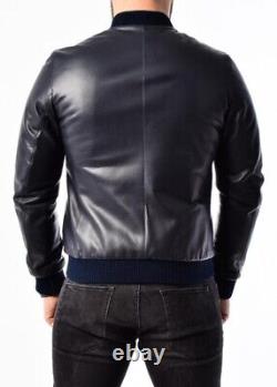 Men's Leather Bomber Jacket Soft Lambskin Leather Biker Jacket Distressed Black