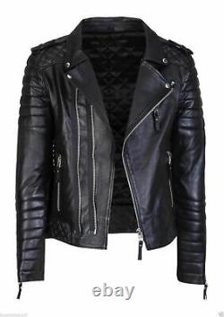 Men's Leather Jacket 100% Real Lambskin Leather Black Slim Fit Motorbike Jacket