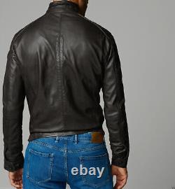 Men's Leather Jacket Genuine Lambskin Leather Thick Black Roadster Jacket #195