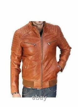 Men's Leather Jacket Motorcycle Brown Slim fit Biker Genuine lambskin jacket