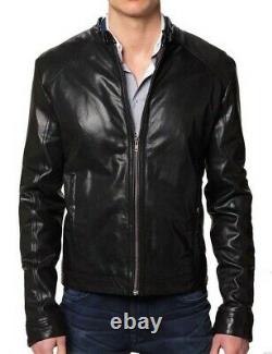 Men's Leather Jacket Motorcycle Slim fit Biker Pure Genuine Lambskin Jacket P069