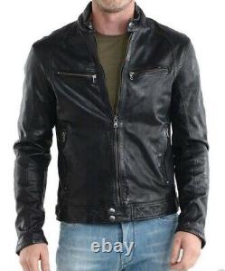 Men's Leather Jacket Motorcycle Slim fit Biker Pure Genuine Lambskin Jacket P117