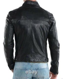 Men's Leather Jacket Motorcycle Slim fit Biker Pure Genuine Lambskin Jacket P117