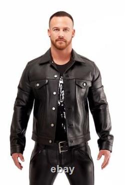 Men's Leather Shirt Western Trucker Cowboy Real Leather Summer Jacket Black Cuir