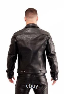Men's Leather Shirt Western Trucker Cowboy Real Leather Summer Jacket Black Cuir