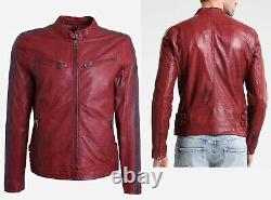 Men's Maroon Zipper Leather Jacket New Real Genuine Lambskin Leather Jacket