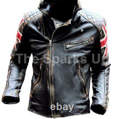 Men's Motorcycle Biker Cafe Racer UK Flag Union Jack Black Real Leather Jacket