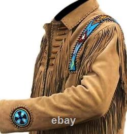 Men's Native American Handmade Suede Jacket Fringe, Beaded Mountain Buckskin Coat