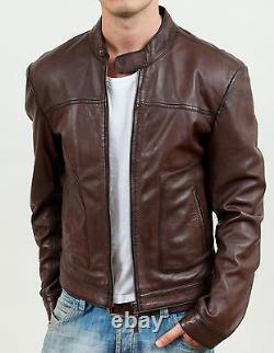 Men's New Biker Motorcycle Brown Genuine Real Leather Jacket