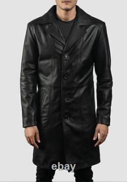 Men's New Vintage Real Sheepskin Leather Casual Long Trench Coat Overcoat Jacket