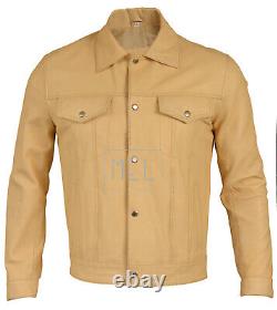 Men's Offwhite Sheepskin Leather Trucker Shirt Biker Button Jacket Jeans Style