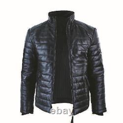 Men's Original Leather Genuine Quilted Puffer Zipped Jacket Black Casual 2020