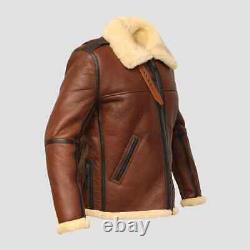 Men's RAF Brown Fur Shearling B3 Bomber Coat Aviator Pilot Flying Leather Jacket