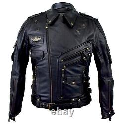 Men's Real Cowhide Premium Leather Motorcycle Biker Leather Jacket New HD Black