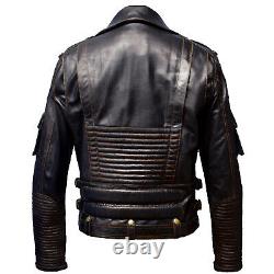 Men's Real Cowhide Premium Leather Motorcycle Biker Leather Jacket New HD Black