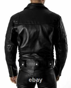 Men's Real Leather Bikers Jacket With Quilted Panels And Laces Up Design for Bik