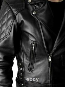 Men's Real Leather Bikers Jacket With Quilted Panels And Laces Up Design for Bik