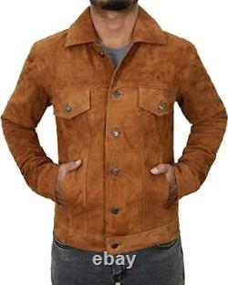 Men's Real Suede Leather Trucker Classic Retro Motorcycle Bomber Brown Jacket