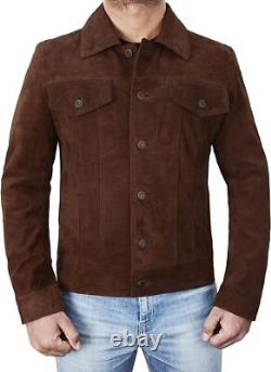 Men's Real Suede Leather Trucker Shirt Classic Motorcycle Bomber Brown Jacket