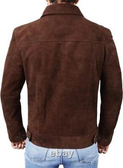 Men's Real Suede Leather Trucker Shirt Classic Motorcycle Bomber Brown Jacket