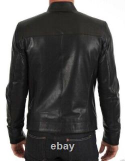 Men's Stylish Genuine Lambskin Motorcycle Handmade Biker Leather Jacket MJ054