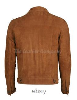 Men's TRUCKER Tan Suede Classic Western Denim Style Real Leather Jacket Golden