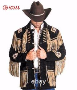 Men's Traditional Cowboy Western Leather Jacket Coat with Fringe Native American