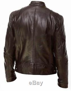 Men's Vintage Cafe Racer Genuine Black Brown Red Leather Slim Retro Biker Jacket