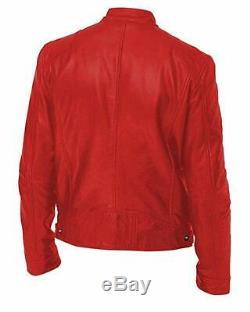 Men's Vintage Cafe Racer Genuine Black Brown Red Leather Slim Retro Biker Jacket