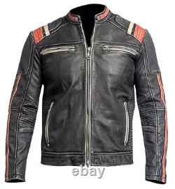 Men's Vintage Motorcycle Cafe Racer Biker Retro Black Distressed Leather Jacket