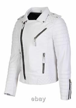 Men's White Leather Jacket Soft Lambskin Motorcycle Cafe Racer Zipper Short