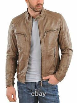 Men's Zipper Leather Jacket Genuine Real Lambskin Leather Jacket Slim Fit