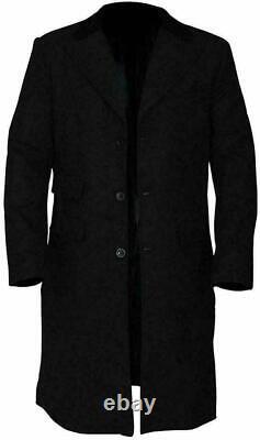 Mens 3/4 Long Black Wool Crombie Overcoat Jacket Peaky Blinders Slim Fit Coat