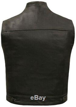 Mens Anarchy Motorcycle Biker Waistcoat Full Real Leather Black Vest Jacket Cut